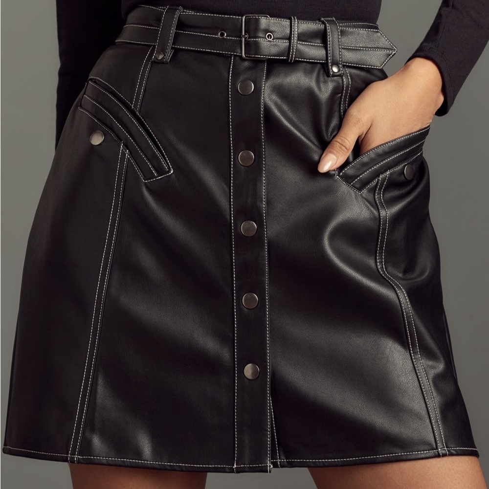 Maeve Faux Leather Button Front Belted Black A-Line Mini Skirt Size 0 NWT